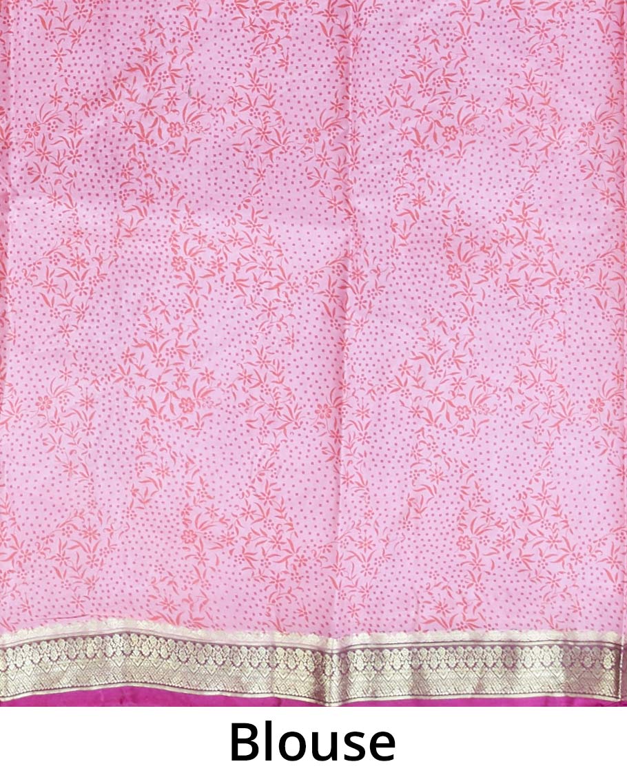 Pink floral butta enclosed diamond patterns printed silk saree, contrast traditional zari border