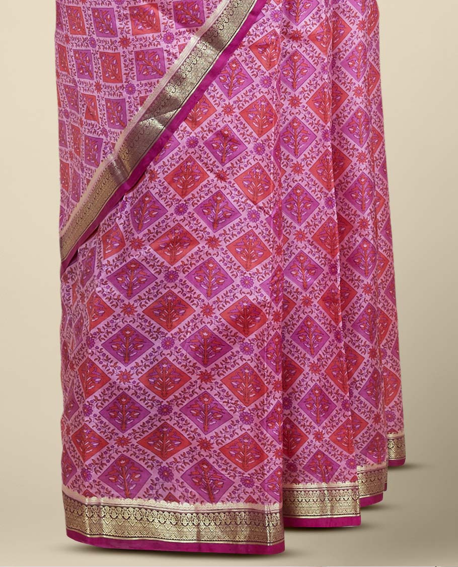 Pink floral butta enclosed diamond patterns printed silk saree, contrast traditional zari border