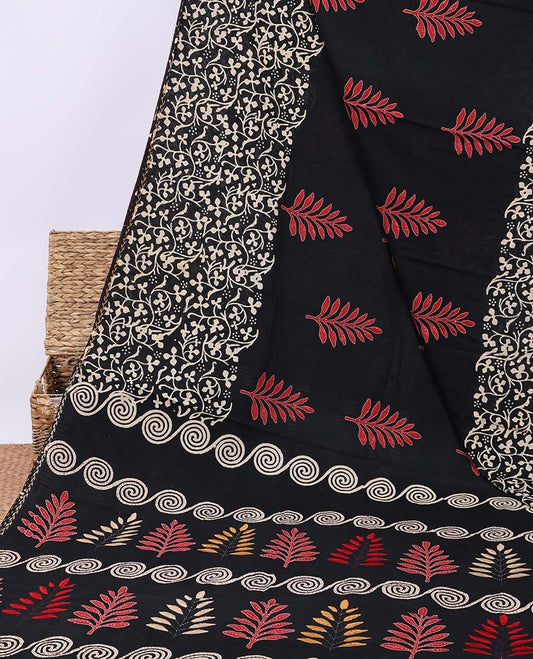 Black linen cotton saree with buttas, floral vine printed border & pallu of geometric & floral print 