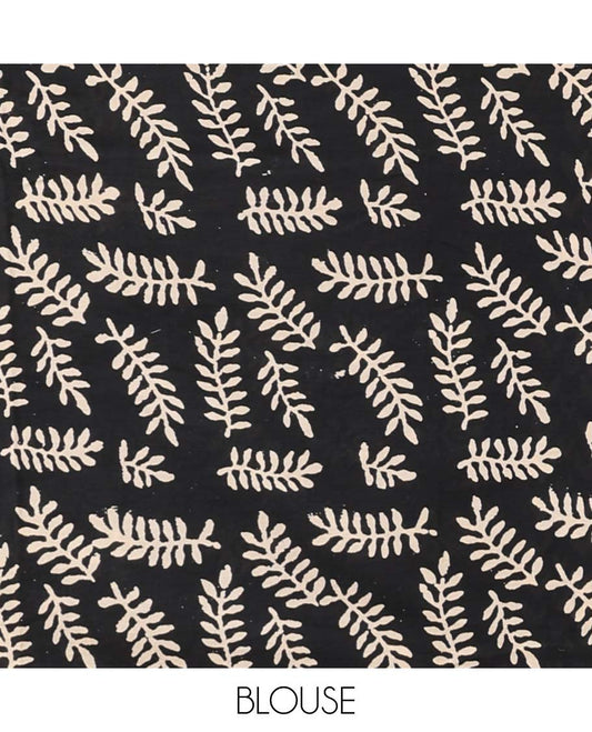 Black unique motifs printed linen cotton saree, self-border & pallu of unique print 