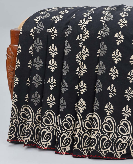 Black unique motifs printed linen cotton saree, self-border & pallu of unique print 