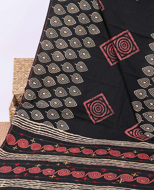 Black unique motifs printed linen cotton saree, leaf motifs printed border & pallu of stripes & spiral designs