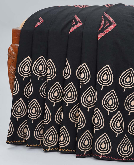 Black unique motifs printed linen cotton saree, leaf motifs printed border & pallu of stripes & spiral designs