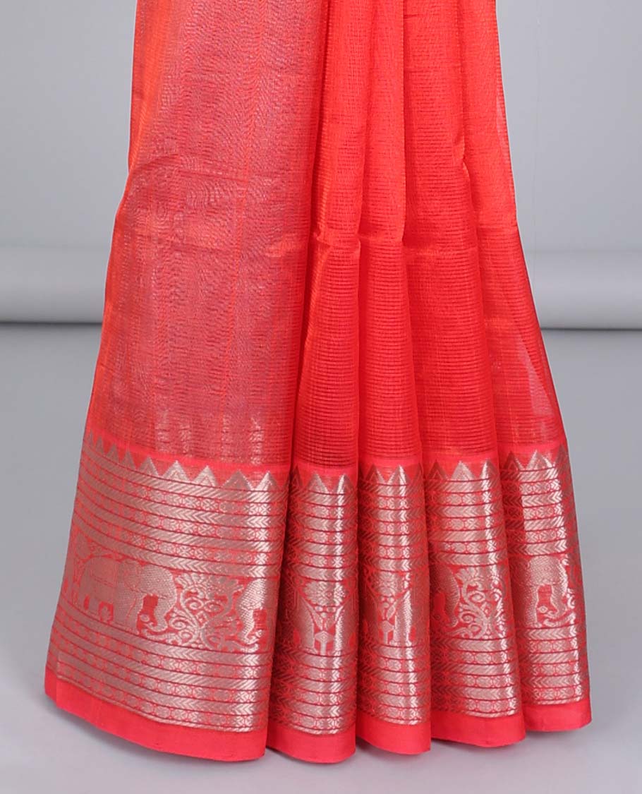Red striped kuppadam saree, traditional zari design border & contrast zari design pallu