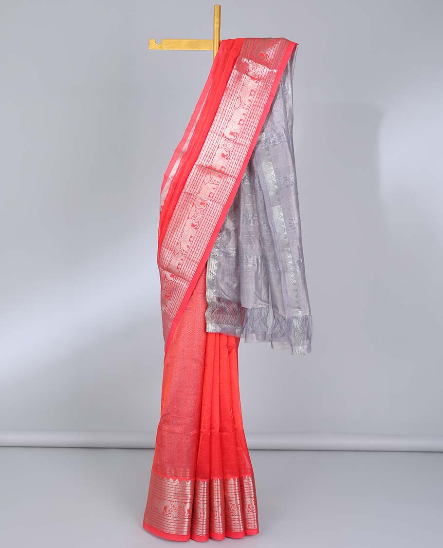 Red striped kuppadam saree, traditional zari design border & contrast zari design pallu