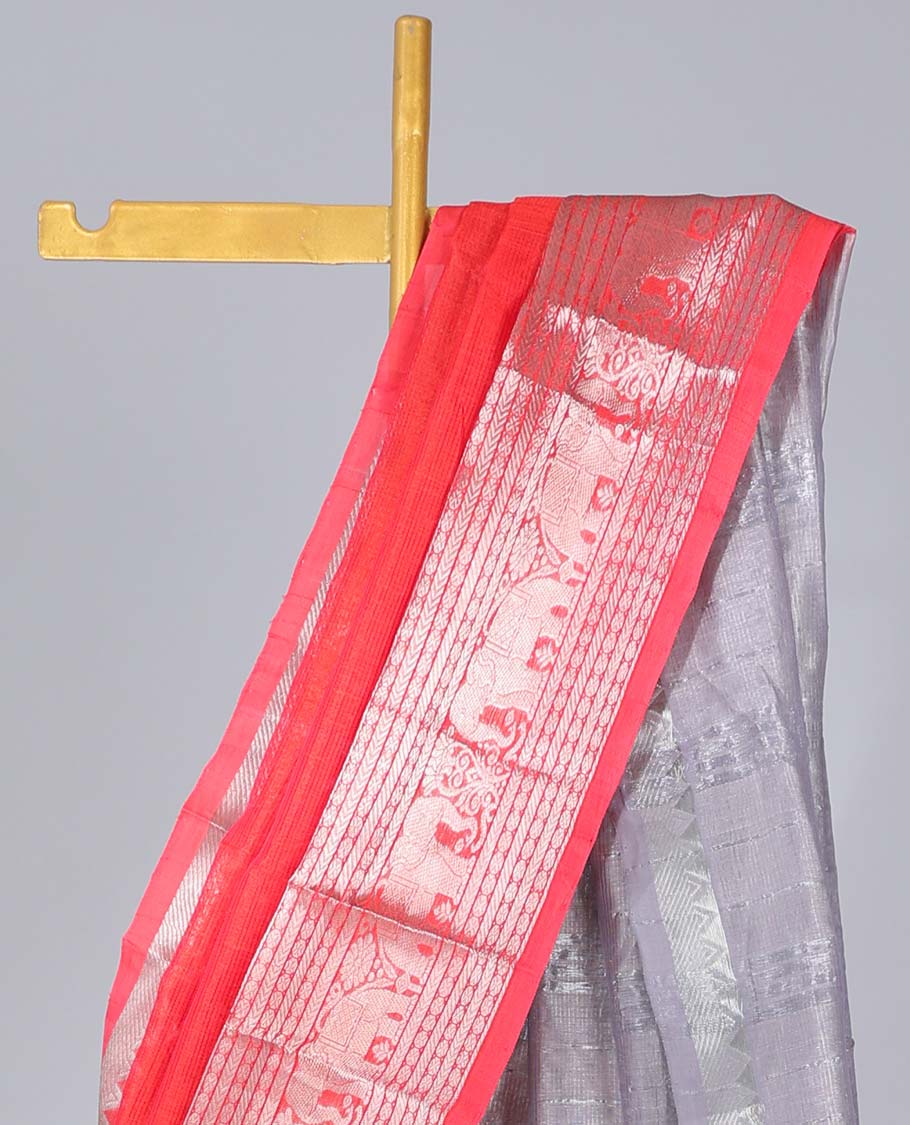 Red striped kuppadam saree, traditional zari design border & contrast zari design pallu