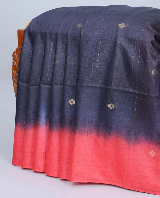 Blue sequin striped linen cotton saree with buttas, contrast border & pallu of sequin stripes