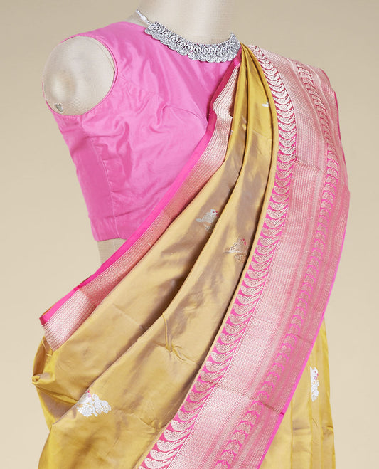 Yellow banaras kathaan silk saree with zari buttas, contrast zari border of bird & butterfly designs & intricate pallu