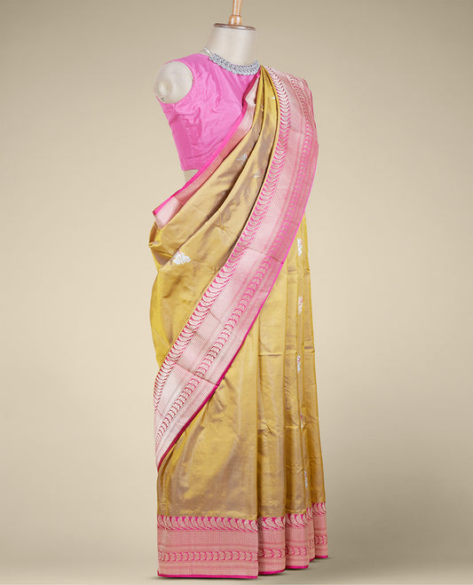 Yellow banaras kathaan silk saree with zari buttas, contrast zari border of bird & butterfly designs & intricate pallu