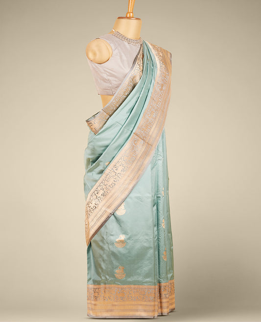Blue banaras kathaan silk saree with zari buttas, zari border of traditional designs & intricate pallu