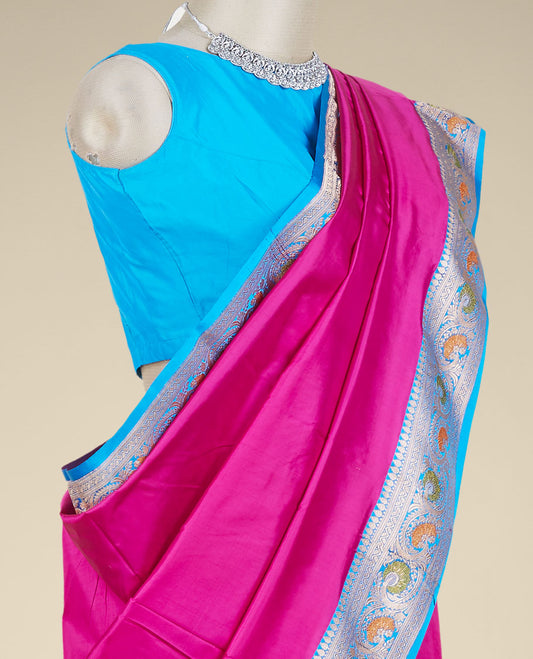 Pink banaras kathaan silk saree, contrast traditional zari border of meenakari floral creeper designs & intricate pallu