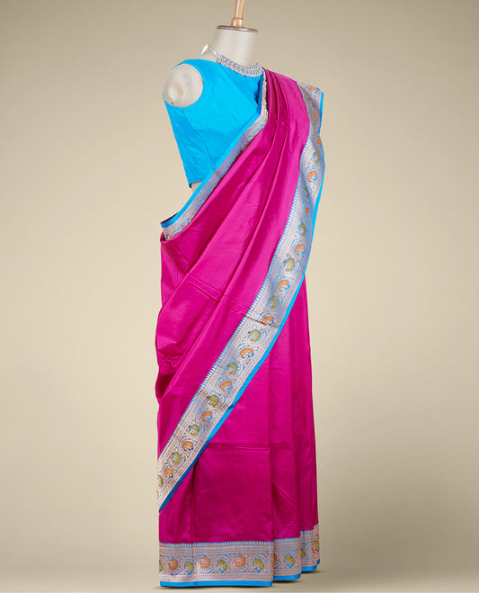 Pink banaras kathaan silk saree, contrast traditional zari border of meenakari floral creeper designs & intricate pallu