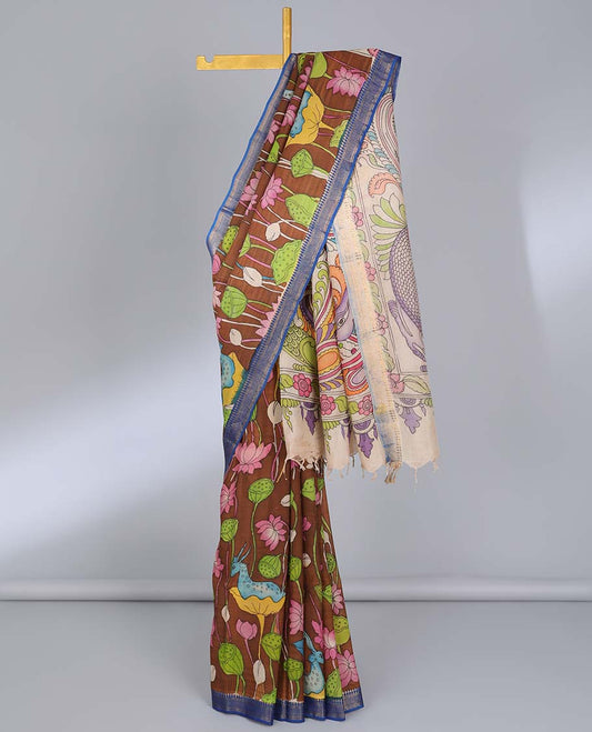 Brown pichwai lotus hand-painted pen kalamkari silksaree, contrast traditional border & kaleidoscopic-colored pallu