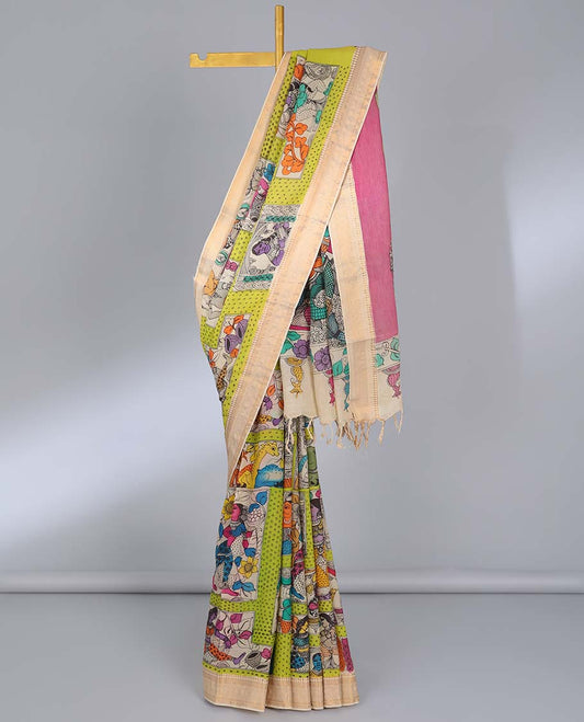 Green ancient human motifs hand-painted pen kalamkari silksaree, contrast traditional border & fauna & human motif pallu