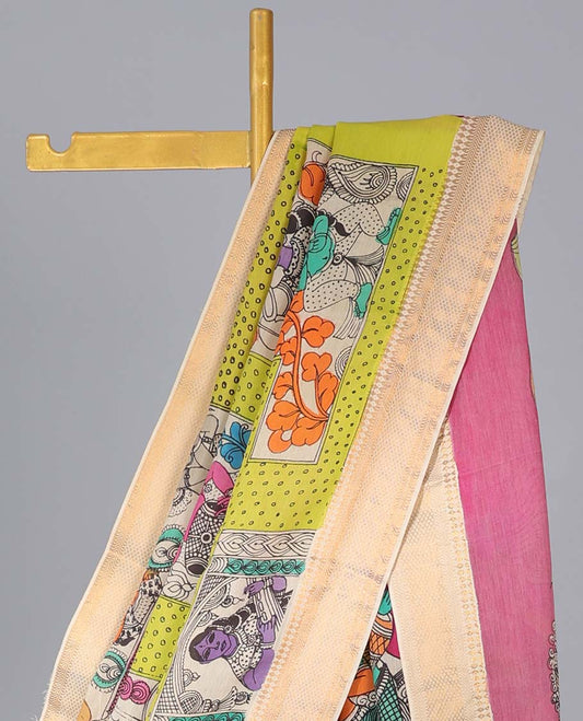 Green ancient human motifs hand-painted pen kalamkari silksaree, contrast traditional border & fauna & human motif pallu