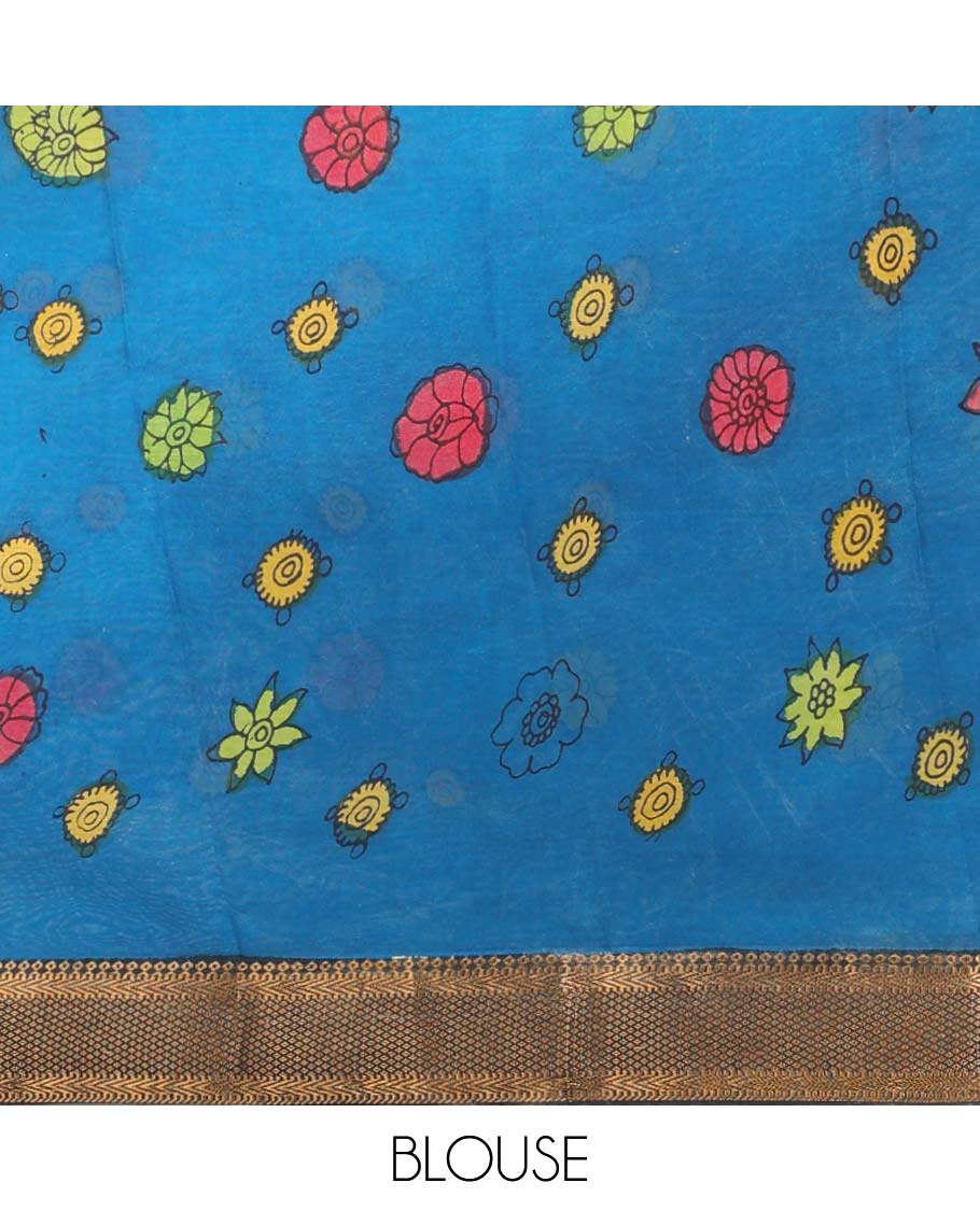 Cream floral vine hand-painted pen kalamkari silksaree, contrast traditional border & fauna & human motif pallu