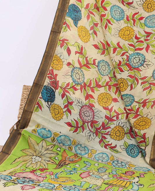 Cream floral vine hand-painted pen kalamkari silksaree, contrast traditional border & fauna & human motif pallu