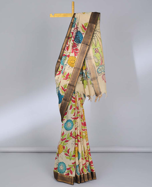 Cream floral vine hand-painted pen kalamkari silksaree, contrast traditional border & fauna & human motif pallu