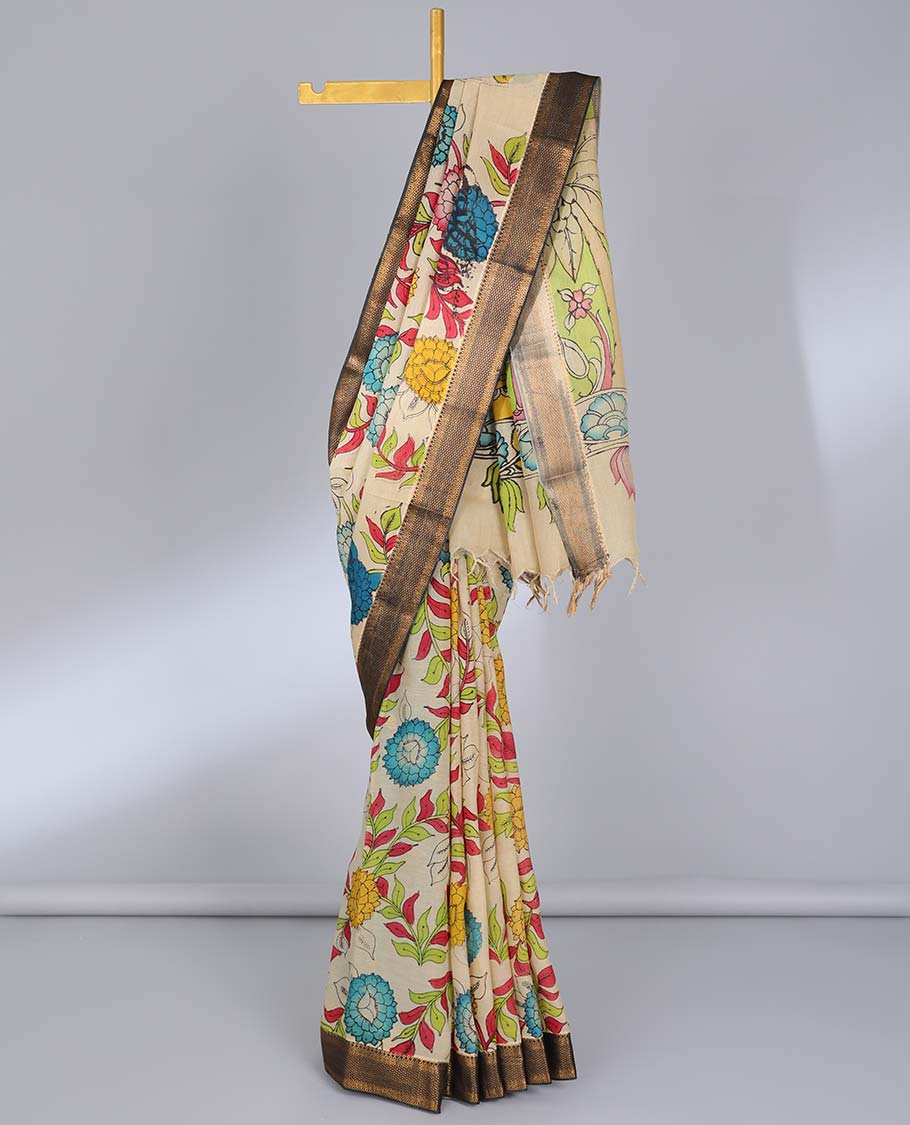 Cream floral vine hand-painted pen kalamkari silksaree, contrast traditional border & fauna & human motif pallu