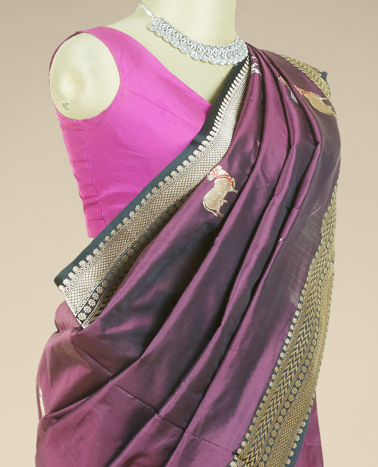 Maroon banaras kathaan silk saree with pichwai cow buttas, contrast traditional zari design border