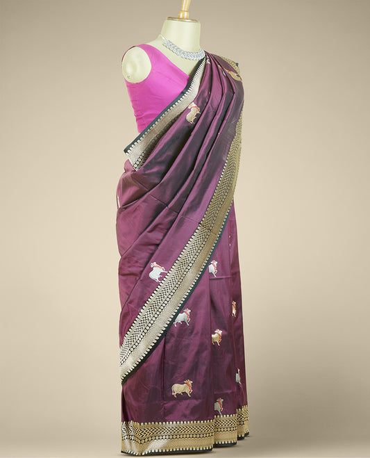 Maroon banaras kathaan silk saree with pichwai cow buttas, contrast traditional zari design border