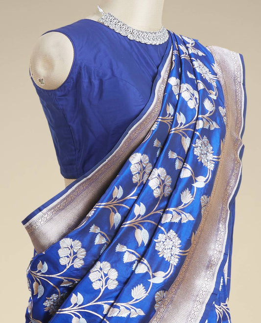 Blue floral jaal jacquard design pure banaras silk saree, zari-rich border of intricate design weave