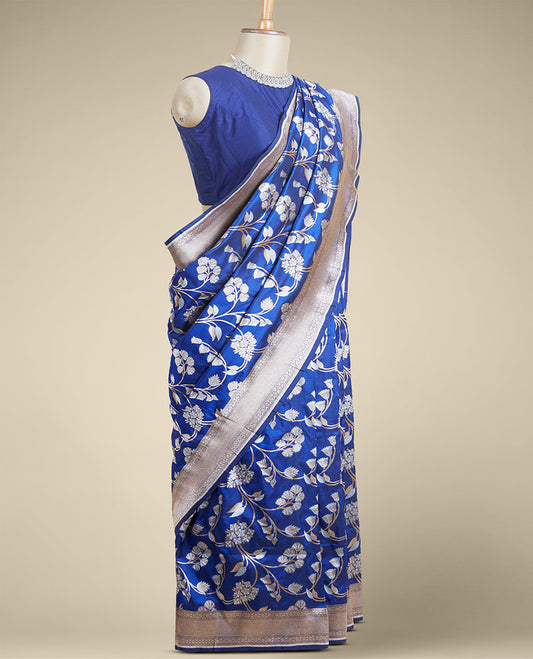 Blue floral jaal jacquard design pure banaras silk saree, zari-rich border of intricate design weave
