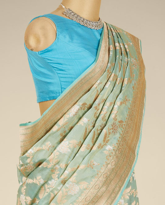 Blue floral jacquard design pure banaras silk saree, zari border of traditional designs