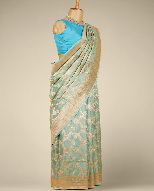 Blue floral jacquard design pure banaras silk saree, zari border of traditional designs