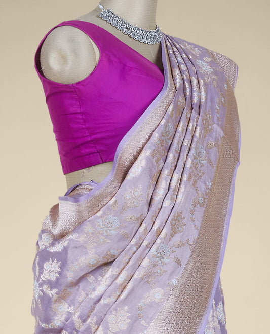 Lavender floral jacquard design pure banaras silk saree, zari border of traditional designs