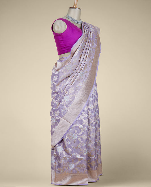 Lavender floral jacquard design pure banaras silk saree, zari border of traditional designs