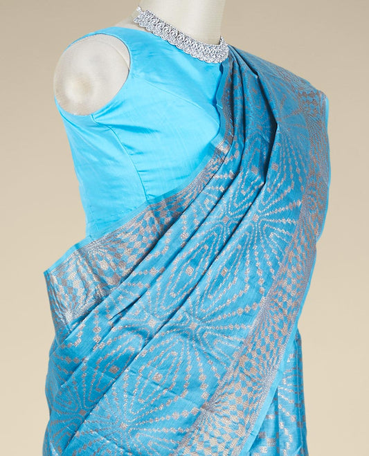 Blue zari geometric patterned tusser silk saree, zari geometric design border
