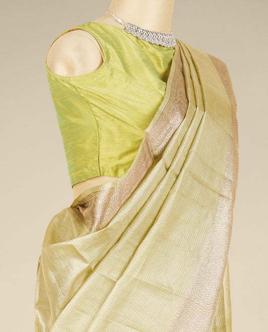 Yellow sparsely micro-checked design tusser silk saree, zari floral creeper border