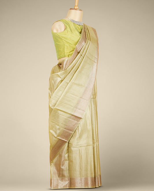 Yellow sparsely micro-checked design tusser silk saree, zari floral creeper border