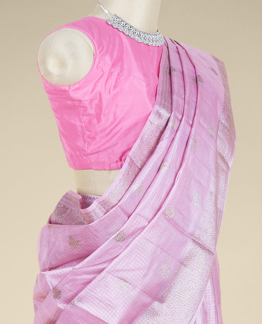 Pink micro-checked tusser silk saree with zari buttas, traditional zari design border