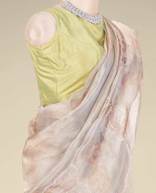 Borderless green floral printed & embroidered tissue silk saree