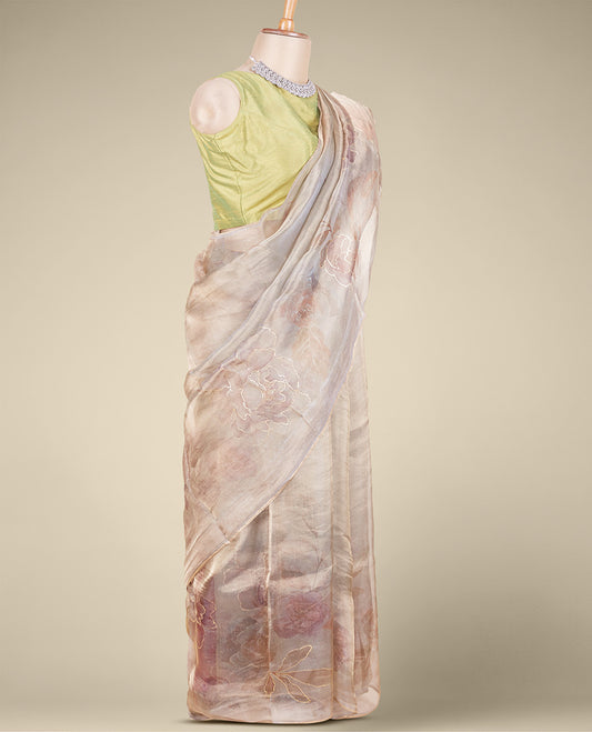 Borderless green floral printed & embroidered tissue silk saree