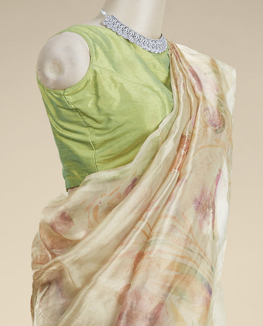 Borderless green colorful floral printed & embroidered tissue silk saree