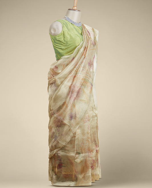 Borderless green colorful floral printed & embroidered tissue silk saree