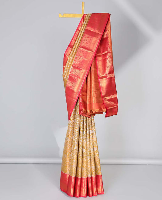Yellow jacquard budget silk saree, contrast traditional design zari border & jaal pallu