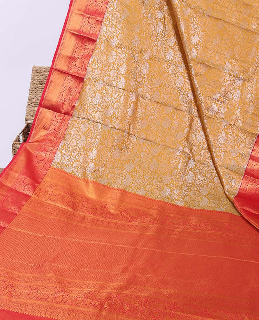 Yellow jacquard budget silk saree, contrast traditional design zari border & jaal pallu