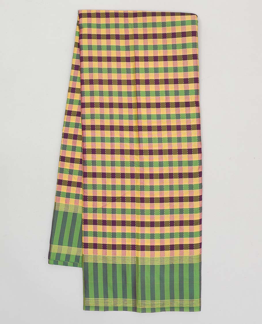 Multi-color micro-checked design aarani gift saree, striped border of dotted stripes