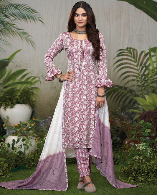 Pink material catalog churidar,floral vine print top,geometric printed pant & floral vine embroidered dual-color dupatta
