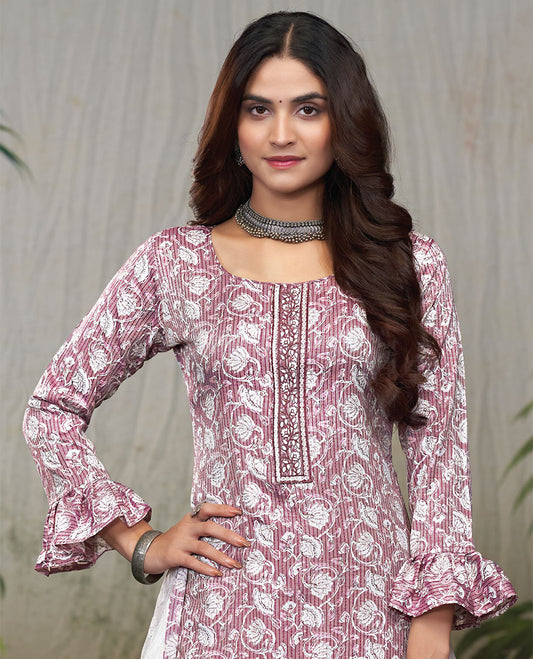 Pink material catalog churidar,floral vine print top,geometric printed pant & floral vine embroidered dual-color dupatta