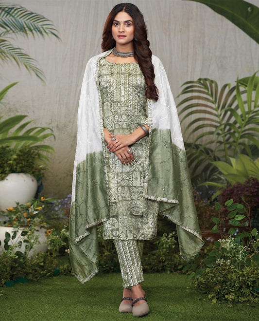 Green material catalog churidar, intricately printed top, geometric printed pant & floral embroidered dual-color dupatta