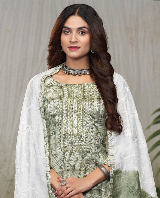 Green material catalog churidar, intricately printed top, geometric printed pant & floral embroidered dual-color dupatta
