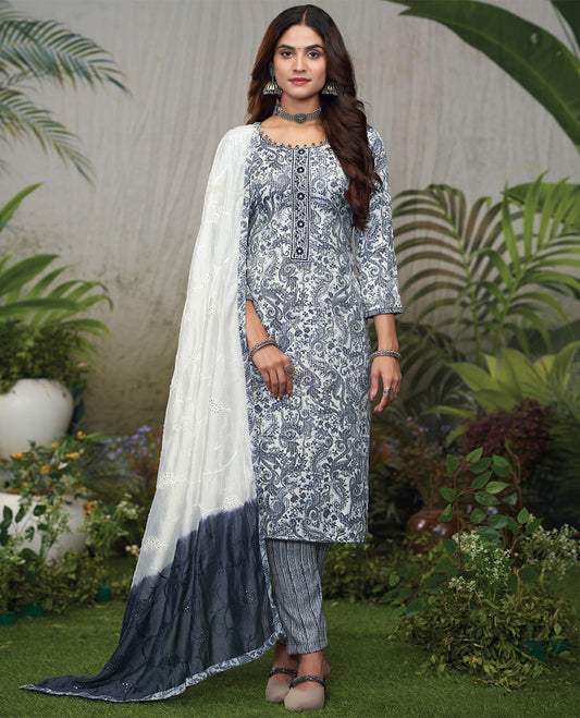 Grey material catalog churidar, intricately printed top, geometric printed pant & floral embroidered dual-color dupatta