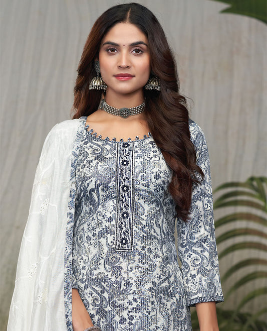 Grey material catalog churidar, intricately printed top, geometric printed pant & floral embroidered dual-color dupatta
