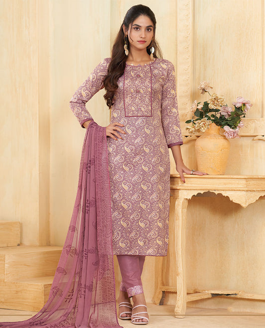 Purple material catalog churidar, paisley printed top, plain pants & uniquely printed dupatta