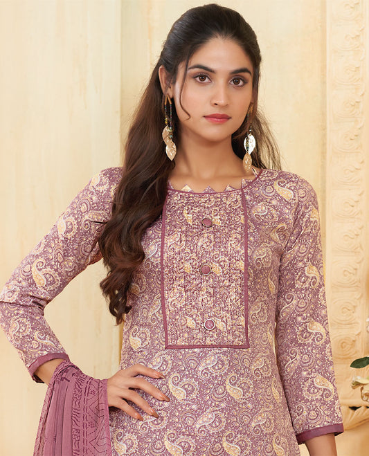 Purple material catalog churidar, paisley printed top, plain pants & uniquely printed dupatta